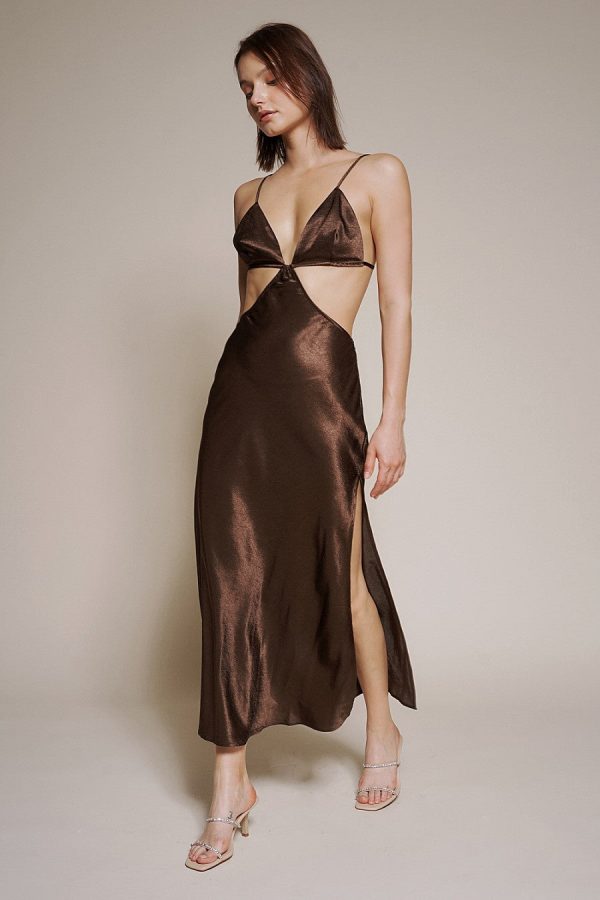 Chocolate Satin Maxi Dress Discount